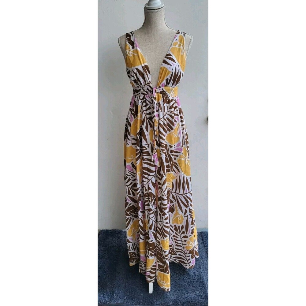 Anthropologie aakaa Plunging Neck Adjustable Strap Foral Boho Maxi Dress Size S